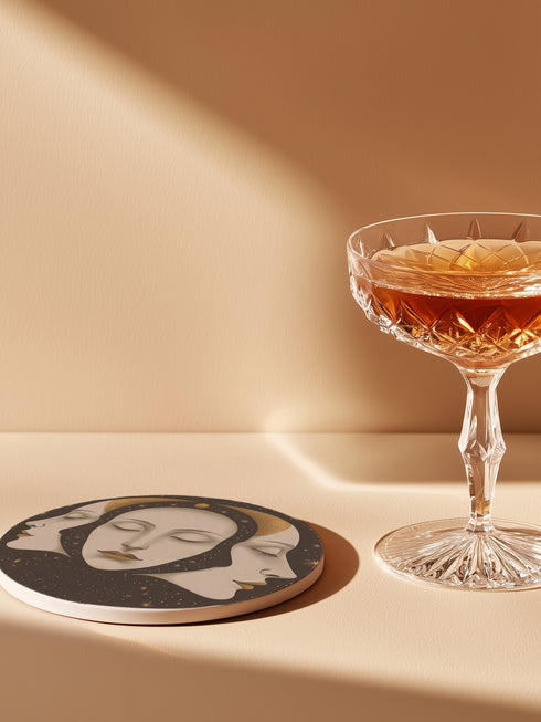 Circular ceramic coaster with a black, star-speckled background. Three white faces are depicted: a central face looking forward and two profiles on either side, all with closed eyes. A golden crescent moon arches over the central face. The coaster has a white rim indicating a cork backing and is 4.04 inches in diameter.